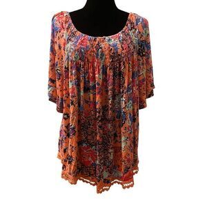 Eyelash Boho Floral Peasant Top – Size 3X – Orange Multicolor – Plus Size